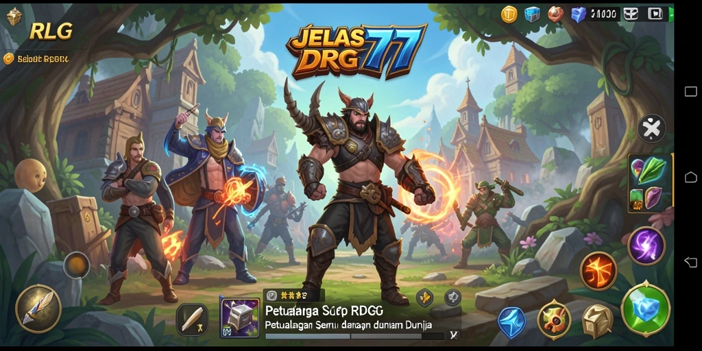 Antarmuka JELAS777 menampilkan karakter RPG yang dikelilingi oleh pemandangan fantastis.