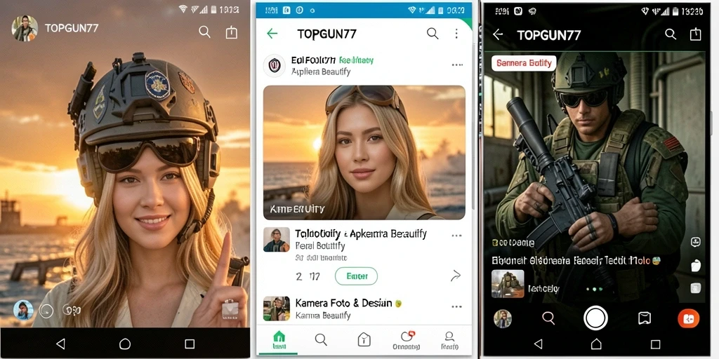 Antarmuka utama aplikasi TOPGUN77 dengan berbagai fitur Kamera Beautify.